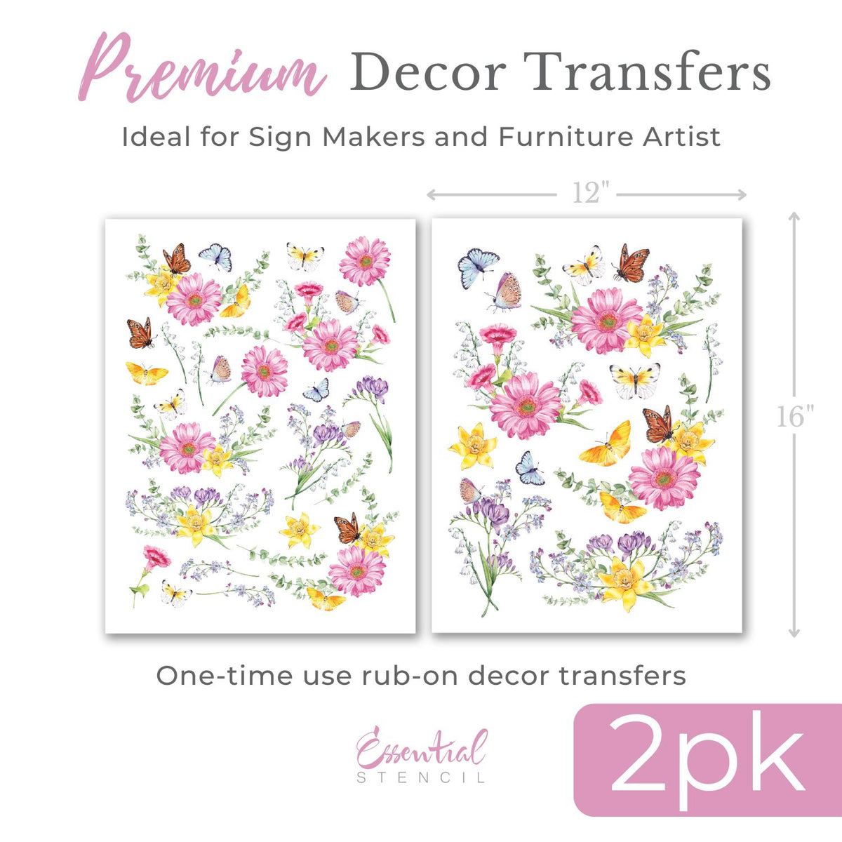 Spring Flowers & Butterflies Rub-on Transfer-Rub-on Transfer-Essential Stencil