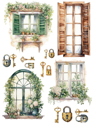 Vintage Windows & Keys Rub-on Transfer-Rub-on Transfer-Essential Stencil