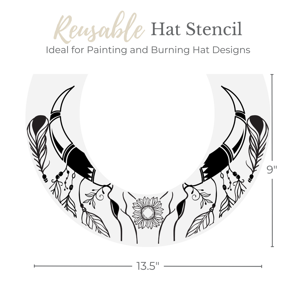 Cow Skull & Feathers Hat Stencil-Hat Stencil-Essential Stencil