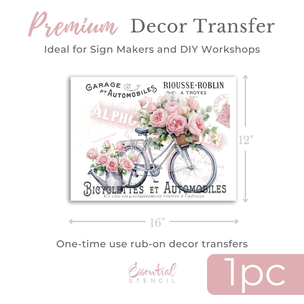 Fleurs et Bicyclettes (Flowers & Bicycles) Rub-on Transfer-Rub-on Transfer-Essential Stencil