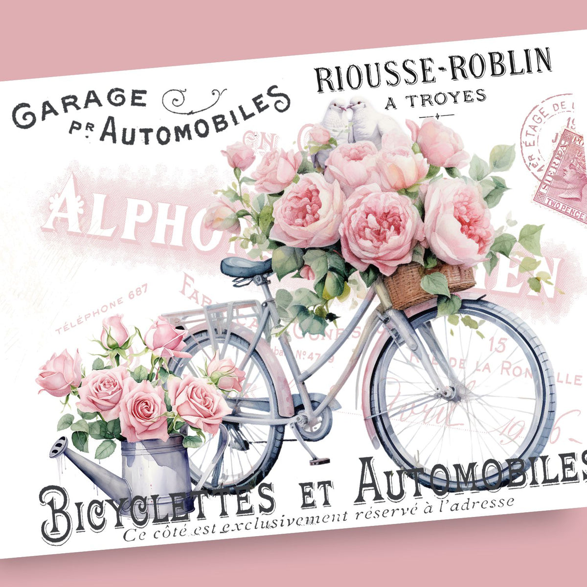 Fleurs et Bicyclettes (Flowers & Bicycles) Rub-on Transfer-Rub-on Transfer-Essential Stencil