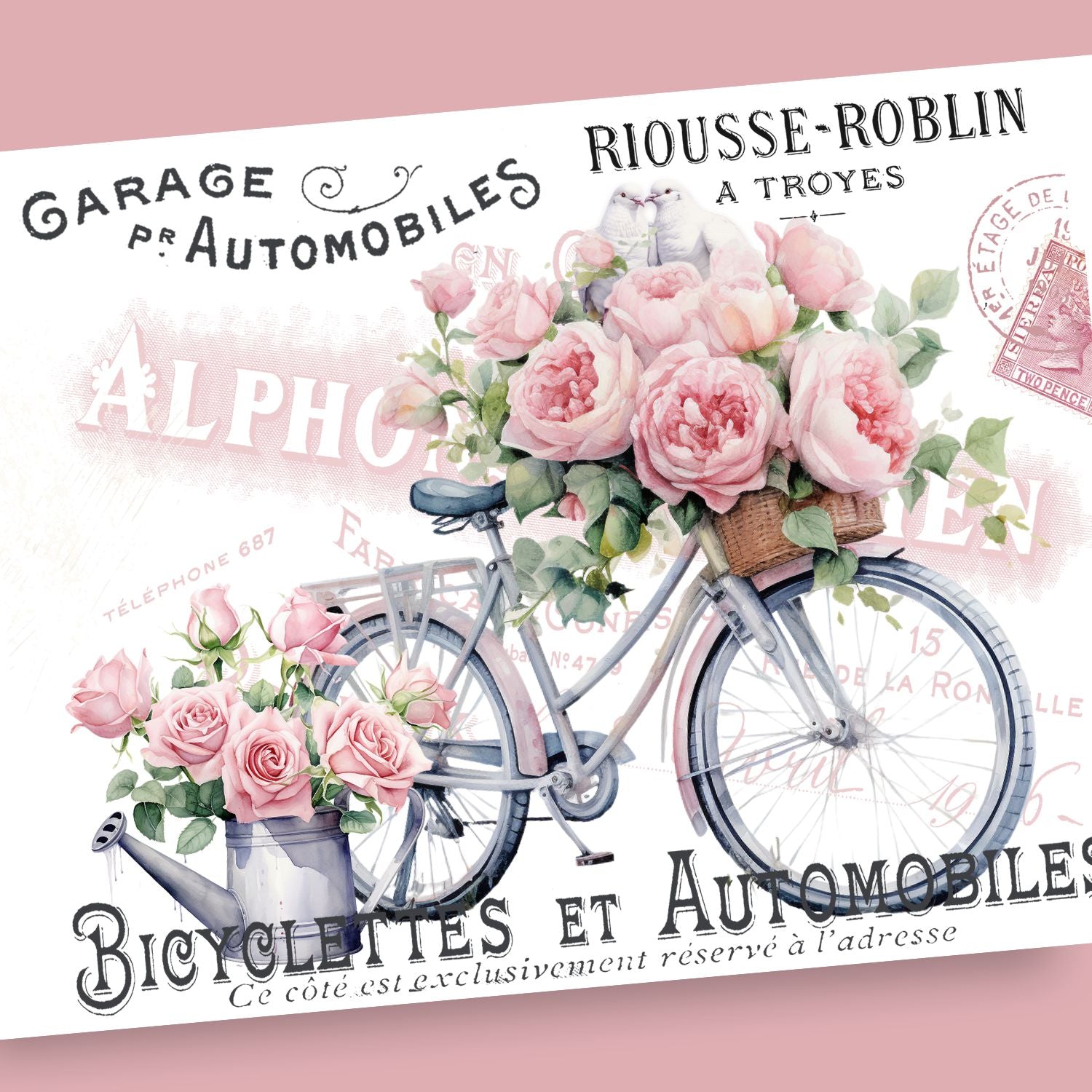 Fleurs et Bicyclettes (Flowers & Bicycles) Rub-on Transfer-Rub-on Transfer-Essential Stencil