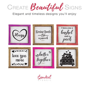 DIY Valentines day mini wood sign stencils, tiered tray valentines day sign stencils, Valentines day vintage truck with hearts, I love you a bushel and a peck, kissing booth 25¢ a smooch, love you more wood sign stencil, better together wood sign stencil