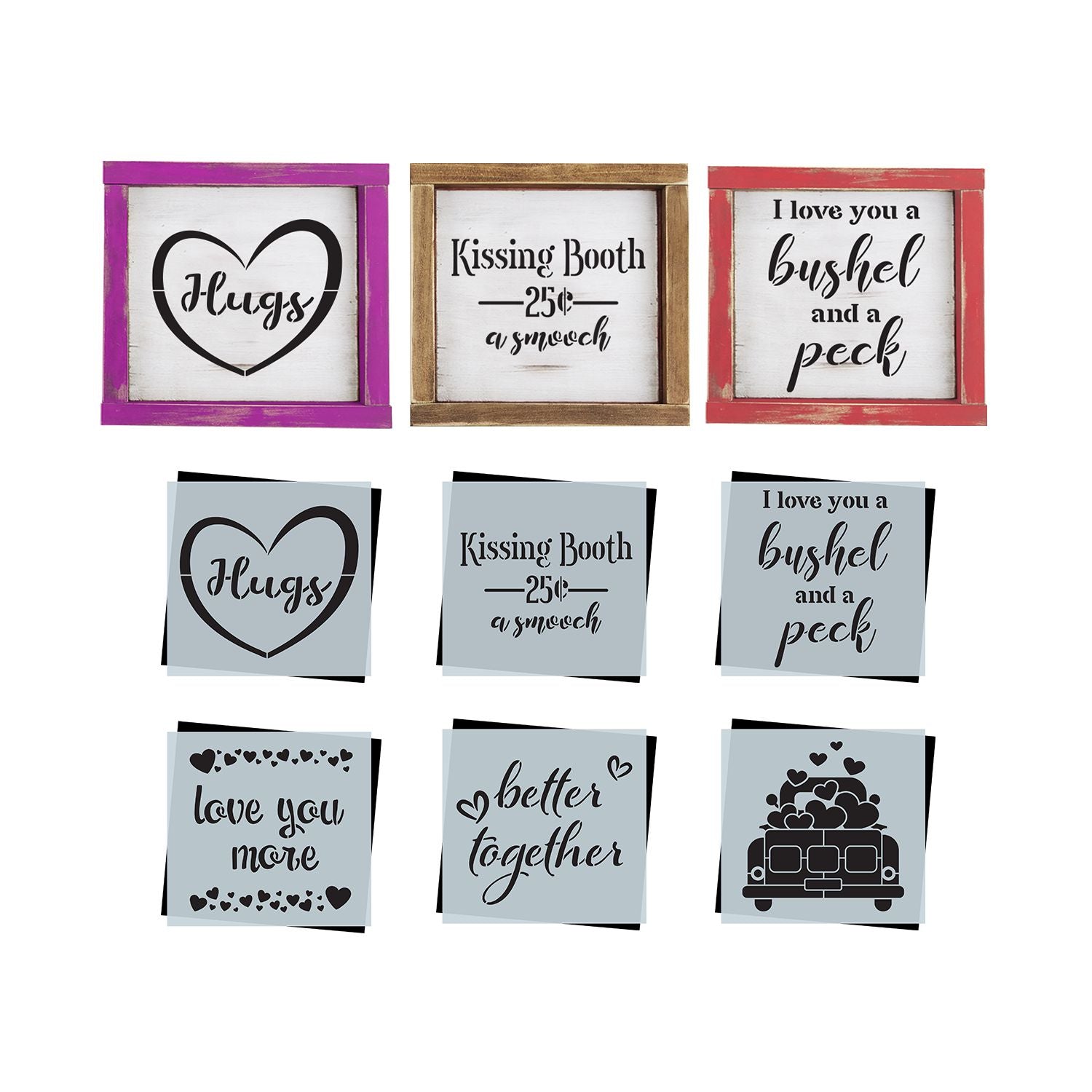 DIY Valentines day  mini wood sign stencils, tiered tray valentines day sign stencils, Valentines day vintage truck with hearts, I love you a bushel and a peck, kissing booth 25¢ a smooch, love you more wood sign stencil, better together wood sign stencil