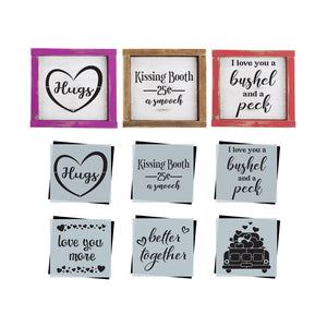 DIY Valentines day mini wood sign stencils, tiered tray valentines day sign stencils, Valentines day vintage truck with hearts, I love you a bushel and a peck, kissing booth 25¢ a smooch, love you more wood sign stencil, better together wood sign stencil