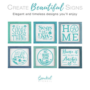 diy reusable mylar stencils, summer stencils, diy summer home decor, it's a shore thing reusable mylar stencil, seas the day wood sign stencil, HOME with sand dollar stencil, just add water sign stencil, no wake zone reusable mylar stencil for wood signs, home is where you drop your anchor wood sign stencil, wood sign stencils, fabric stencils