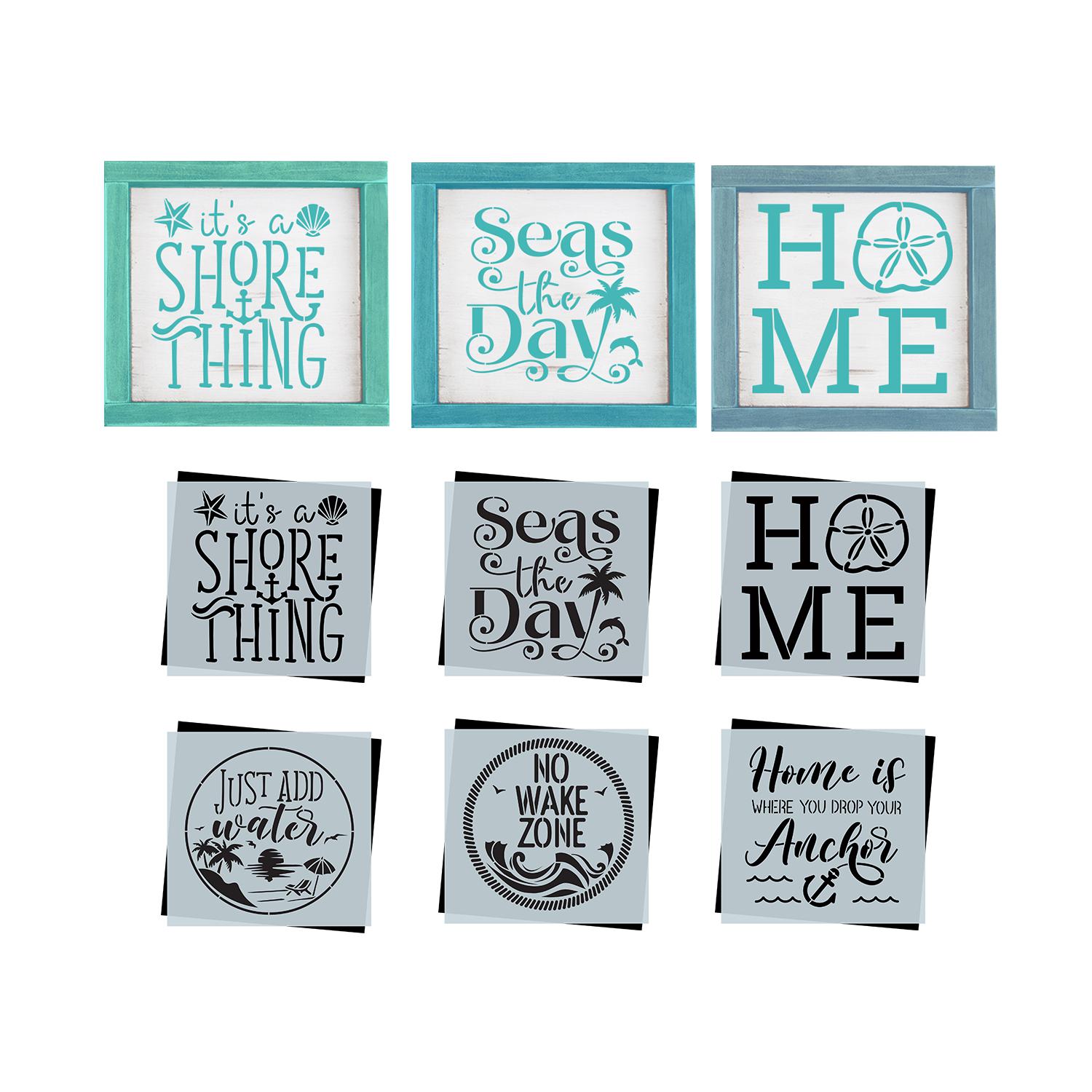 diy reusable mylar stencils, summer stencils, diy summer home decor, it's a shore thing reusable mylar stencil, seas the day wood sign stencil, HOME with sand dollar stencil, just add water sign stencil, no wake zone reusable mylar stencil for wood signs, home is where you drop your anchor wood sign stencil, wood sign stencils, fabric stencils