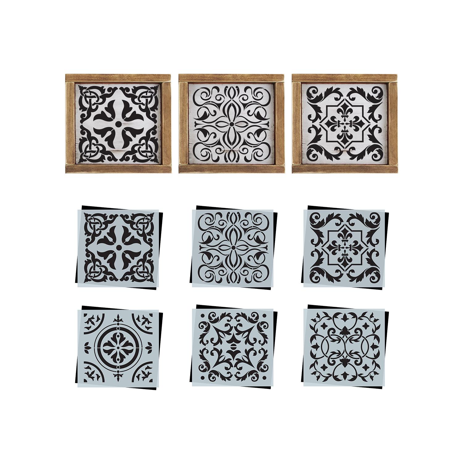 diy resuable mylar mexican tiles stencils, Mexican farmhouse wood signs,  spanish inspired diy home decor, spanish tiles signs, stencils, spanish pattern wood sign stencil, tiered tray tile pattern
