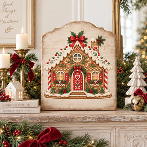 Folk Art Christmas gingerbread house transfer on a scalloped wooden sign.