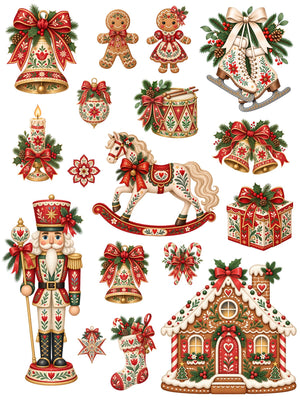 Folk Art Christmas rub-on transfer sheet 2 with a rocking horse, nutcracker, ice skates, bells and gingerbread house.