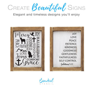 diy reusable farmhouse scripture sign stencil, christian collage sign stencil, Mercy, Joy, Peace, Faith, Patience, Goodness, Kindness, Hallelujah, Love, Jesus, Comfort, Grace sign stencil, Joy, Love, Peace, Patience, Kindness, Goodness, Gentleness, Faithfulness, Self-Control - Galatians 5:22 sign stencil, dove with olive branch lamb cross praying hands mountains anchor scripture stencil collage