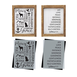 diy reusable farmhouse scripture sign stencil, christian collage sign stencil, Mercy, Joy, Peace, Faith, Patience, Goodness, Kindness, Hallelujah, Love, Jesus, Comfort, Grace sign stencil, Joy, Love, Peace, Patience, Kindness, Goodness, Gentleness, Faithfulness, Self-Control - Galatians 5:22 sign stencil, dove with olive branch lamb cross praying hands mountains anchor scripture stencil collage
