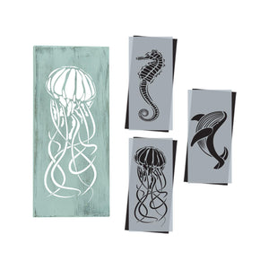 DIY reusable coastal summer silhouette stencils, Jellyfish silhouette stencil, seahorse stencil, whale stencil, jellyfish cutout, seahorse silhouette cutout, whale silhouette cutout, sea creature stencils, under the sea wood signs, whale sign, seahorse sign, jellyfish sign, diy summer project