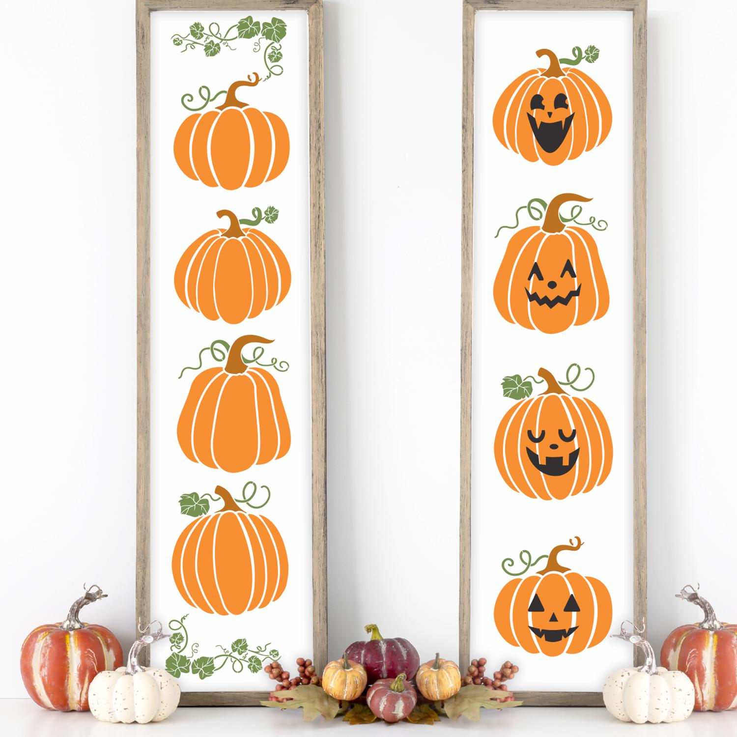 DIY reversible fall and halloween porch leaner sign stencils, stacked pumpkins stencil, jack o lantern stencils, pumpkin faces stencils, pumpkin vines stencils, DIY 4ft vertical fall porch sign, fall front door decor, front porch fall decor, Halloween front door decor, diy halloween decorations