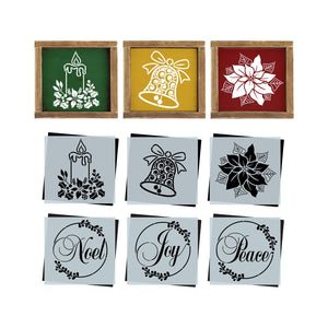 DIY reusable Christmas mini wood sign stencils for painting, Vintage Christmas stencils, Christmas candle silhouette, christmas bell stencil, poinsettia flower cut out, Noel script stencils, joy script stencil, peace script stencil