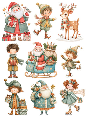 Whimsical Christmas rub-on transfer sheet 1 with Santa, skating elves, a reindeer and children in muted holiday colors.