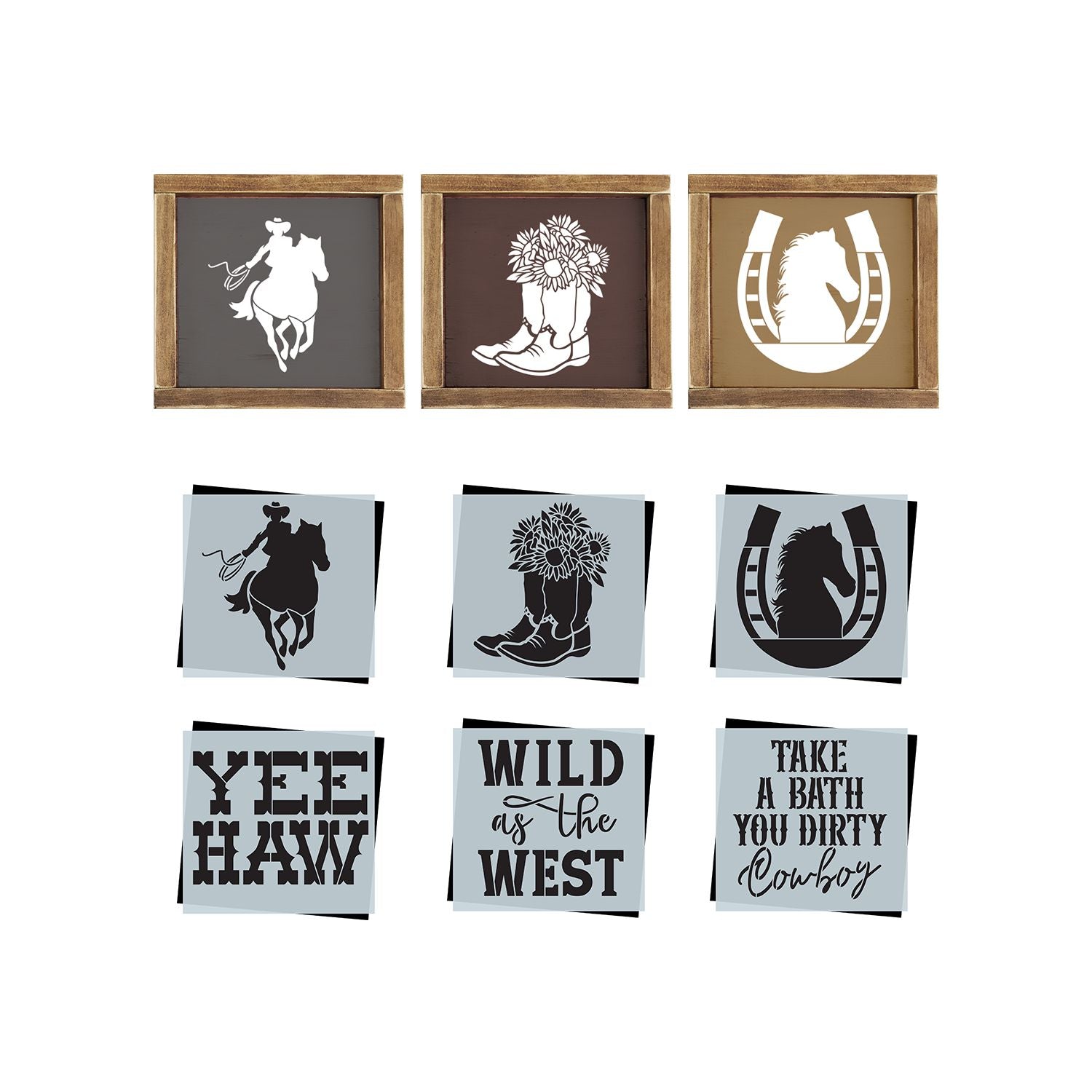DIY reusable farmhouse cowboy sign stencils, cowboy stencil cut out, cowboy boots with sunflowers stencil cut out, horse shoe stencil cut out, horse on horse shoe stencil sign,  country sign stencils, wild as the west wood sign stencil, take a bath you dirty cowboy wood sign stencil, western wood signs, southwestern wood signs, cowboy signs, cowgirl wood signs, horse wood sign, country farm wood signs