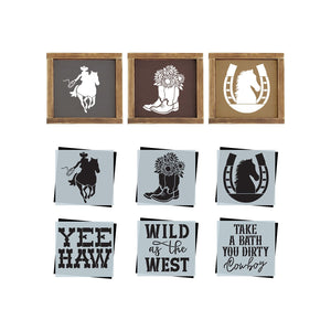 DIY reusable farmhouse cowboy sign stencils, cowboy stencil cut out, cowboy boots with sunflowers stencil cut out, horse shoe stencil cut out, horse on horse shoe stencil sign,  country sign stencils, wild as the west wood sign stencil, take a bath you dirty cowboy wood sign stencil, western wood signs, southwestern wood signs, cowboy signs, cowgirl wood signs, horse wood sign, country farm wood signs