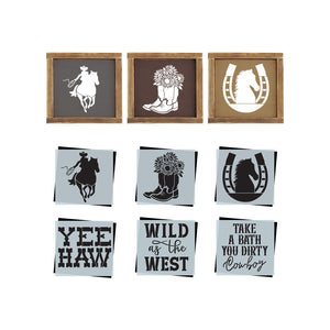 DIY reusable farmhouse cowboy sign stencils, cowboy stencil cut out, cowboy boots with sunflowers stencil cut out, horse shoe stencil cut out, horse on horse shoe stencil sign, country sign stencils, wild as the west wood sign stencil, take a bath you dirty cowboy wood sign stencil, western wood signs, southwestern wood signs, cowboy signs, cowgirl wood signs, horse wood sign, country farm wood signs