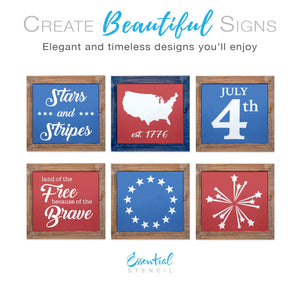 Reusable Patriotic sign stencils for painting on wood, DIY 4th of July home decor, July 4th, Stars and stripes, USA, United States silhouette, Betsy ross 13 star, land of the free because of the brave stencil