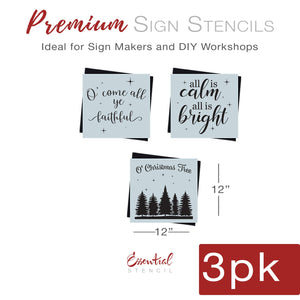 diy reusable farmhouse Christmas wood sign stencils, O' come all ye faithful wood sign stencil, all is calm all is bright wood sign stencil, O' Christmas tree with tree silhouette wood sign stencil