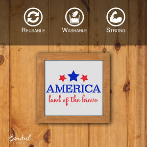 DIY reusable Patriotic mini wood sign stencils, Fourth of July tiered tray sign stencils, fourth of july diy craft ideas for kids, America land of the brave mini wood sign stencil, god shed his grace on thee mini wood sign stencil, happy fourth of july mini sign stencil, united we stand mini sign stencil, faith family freedom mini sign stencil, American flag stars mini wood sign, Veteran gift ideas