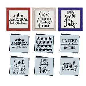 DIY reusable Patriotic mini wood sign stencils, Fourth of July tiered tray sign stencils, fourth of july diy craft ideas for kids, America land of the brave mini wood sign stencil, god shed his grace on thee mini wood sign stencil, happy fourth of july mini sign stencil, united we stand mini sign stencil, faith family freedom mini sign stencil, American flag stars mini wood sign, Veteran gift ideas
