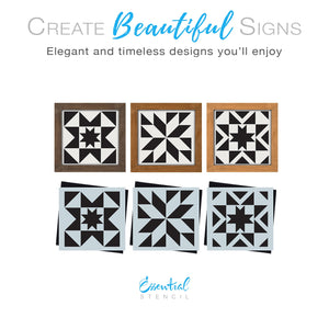 DIY reusable farmhouse barn quilt stencils, geometric home sign stencils, mini rustic home decor sign stencils, diy boho decor, diy country decor, wall art barn quilt stencils