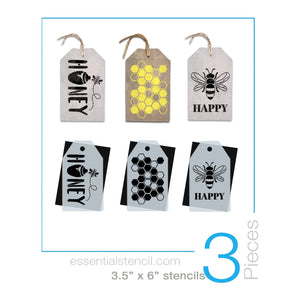 DIY reusable honey bee stencils, Honey pot stencil, honey comb stencil, Bee Happy stencil, reusable mini tag bee happy stencils