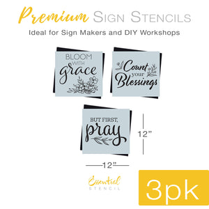 DIY reusable spring faith wood sign stencils, easter stencils, bloom with grace wood sign stencil, count your blessings wood sign stencil, but first pray wood sign stencil, christian spring diy home decor