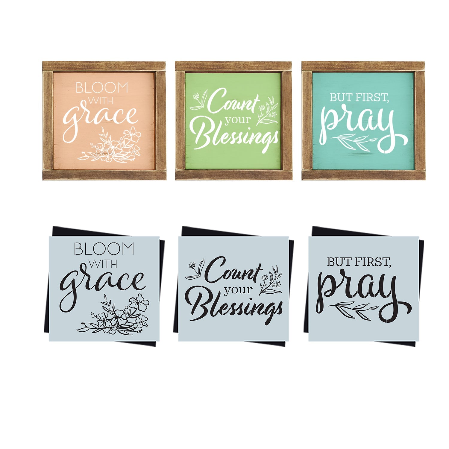 DIY reusable spring faith wood sign stencils, easter stencils, bloom with grace wood sign stencil, count your blessings wood sign stencil, but first pray wood sign stencil, christian spring diy home decor