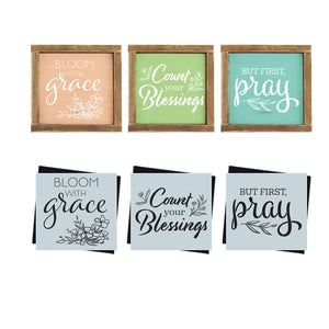 DIY reusable spring faith wood sign stencils, easter stencils, bloom with grace wood sign stencil, count your blessings wood sign stencil, but first pray wood sign stencil, christian spring diy home decor