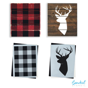 Reusable Christmas Sign Stencils for painting wood signs | DIY Farmhouse Christmas Decor | Buffalo Check Plaid stencil & Deer Head Silhouette Stencil
