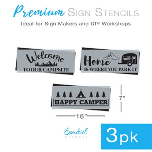 DIY reusable stencils, Camping stencils, diy camping stencils, Welcome to our campsite sign stencil, Home is where you park it sign stencil, happy camper sign stencil