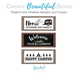 DIY reusable stencils, Camping stencils, diy camping stencils, Welcome to our campsite sign stencil, Home is where you park it sign stencil, happy camper sign stencil