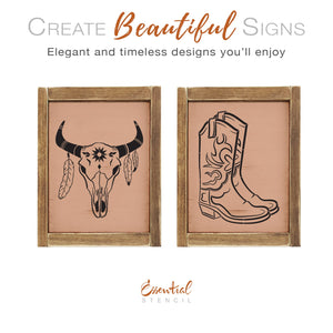 DIY reusable boho farmhouse cow skull and boots stencils for wood signs, cow skull with feathers boho stencil, cowboy boots stencil, cowgirl boots wood sign stencil, southwestern diy home decor