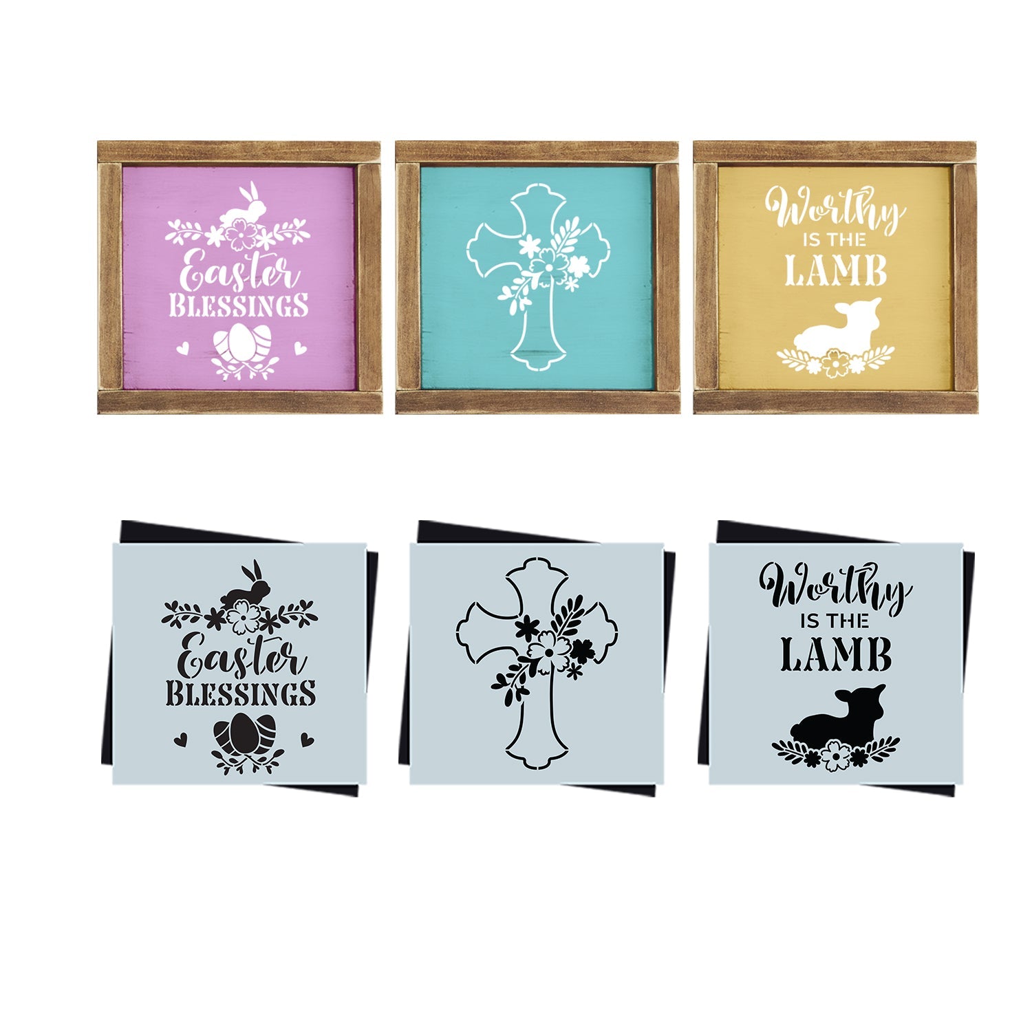 DIY reusable easter wood sign stencils, floral cross silhouette wood sign  stencil, worthy is the lamb with lamb silhouette stencil, easter blessings wood sign stencil