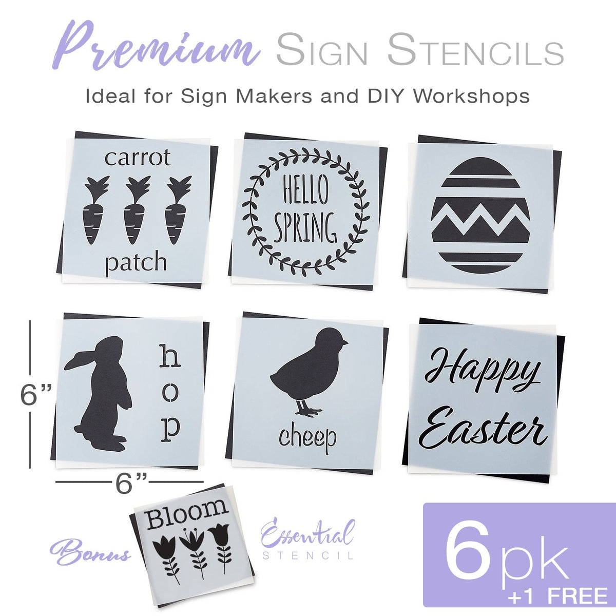 Reusable Spring and Easter Sign Stencils for painting wood signs | DIY Farmhouse Easter Decor | Hello Spring stencil, Carrot patch Stencil, easter egg stencil, Happy Easter stencil, Chick silhouette Cheep stencil, bunny hop silhouette stencil, bloom flowers stencil