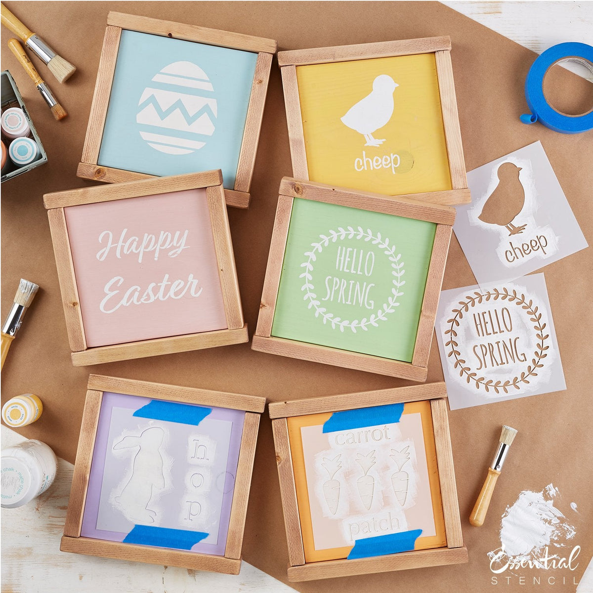 Reusable Spring and Easter Sign Stencils for painting wood signs | DIY Farmhouse Easter Decor | Hello Spring stencil, Carrot patch Stencil, easter egg stencil, Happy Easter stencil, Chick silhouette Cheep stencil, bunny hop silhouette stencil, bloom flowers stencil