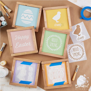 Reusable Spring and Easter Sign Stencils for painting wood signs | DIY Farmhouse Easter Decor | Hello Spring stencil, Carrot patch Stencil, easter egg stencil, Happy Easter stencil, Chick silhouette Cheep stencil, bunny hop silhouette stencil, bloom flowers stencil