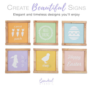 Reusable Spring and Easter Sign Stencils for painting wood signs | DIY Farmhouse Easter Decor | Hello Spring stencil, Carrot patch Stencil, easter egg stencil, Happy Easter stencil, Chick silhouette Cheep stencil, bunny hop silhouette stencil, bloom flowers stencil