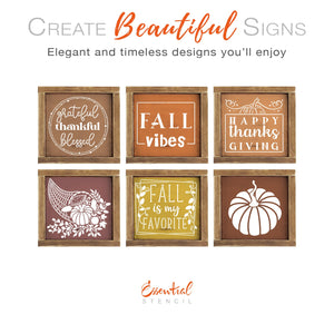 diy reusable fall farmhouse wood sign stencils, fall season diy home decor, grateful thankful blessed wood sign stencil, fall vibes wood sign stencil, happy thanks giving wood sign stencil, cornucopia silhouette cut out wood sign stencil, fall is my favorite stencil, pumpkin top view silhouette cut out, diy fall mini signs, autumn shelf signs
