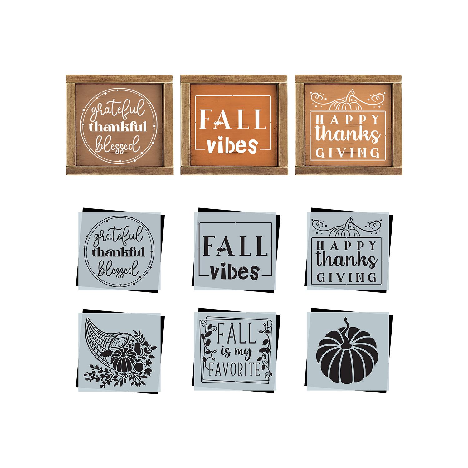 diy reusable fall farmhouse wood sign stencils, fall season diy home decor, grateful thankful blessed wood sign stencil, fall vibes wood sign stencil, happy thanks giving wood sign stencil, cornucopia silhouette cut out wood sign stencil, fall is my favorite stencil, pumpkin top view silhouette cut out, diy fall mini signs, autumn shelf signs 