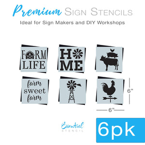 DIY reusable farmhouse mini wood home decor sign stencils, diy rustic farmhouse mini sign stencils, farm life barn mini sign stencil, home with windmill mini sign stencil, cow pig chicken stacked sign stencil, farm sweet farm mini sign stencil, windmill sign stencil, rooster compass sign stencil, diy farmhouse kitchen sign stencils