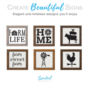 DIY reusable farmhouse mini wood home decor sign stencils, diy rustic farmhouse mini sign stencils, farm life barn mini sign stencil, home with windmill mini sign stencil, cow pig chicken stacked sign stencil, farm sweet farm mini sign stencil, windmill sign stencil, rooster compass sign stencil, diy farmhouse kitchen sign stencils