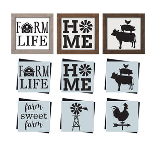 DIY reusable farmhouse mini wood home decor sign stencils, diy rustic farmhouse mini sign stencils, farm life barn mini sign stencil, home with windmill mini sign stencil, cow pig chicken stacked sign stencil, farm sweet farm mini sign stencil, windmill sign stencil, rooster compass sign stencil, diy farmhouse kitchen sign stencils