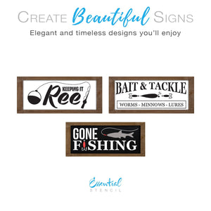 DIY reusable fishing sign stencils, gone fishing sign stencil, keeping it reel sign stencil, bait and tackle sign stencils, worms minnows lures sign stencil