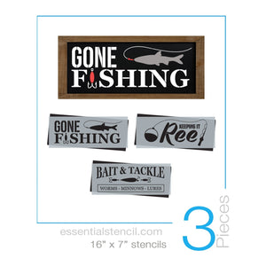 DIY reusable fishing sign stencils, gone fishing sign stencil, keeping it reel sign stencil, bait and tackle sign stencils, worms minnows lures sign stencil