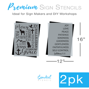 diy reusable farmhouse scripture sign stencil, christian collage sign stencil, Mercy, Joy, Peace, Faith, Patience, Goodness, Kindness, Hallelujah, Love, Jesus, Comfort, Grace sign stencil, Joy, Love, Peace, Patience, Kindness, Goodness, Gentleness, Faithfulness, Self-Control - Galatians 5:22 sign stencil, dove with olive branch lamb cross praying hands mountains anchor scripture stencil collage