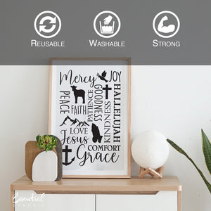 diy reusable farmhouse scripture sign stencil, christian collage sign stencil, Mercy, Joy, Peace, Faith, Patience, Goodness, Kindness, Hallelujah, Love, Jesus, Comfort, Grace sign stencil, Joy, Love, Peace, Patience, Kindness, Goodness, Gentleness, Faithfulness, Self-Control - Galatians 5:22 sign stencil, dove with olive branch lamb cross praying hands mountains anchor scripture stencil collage